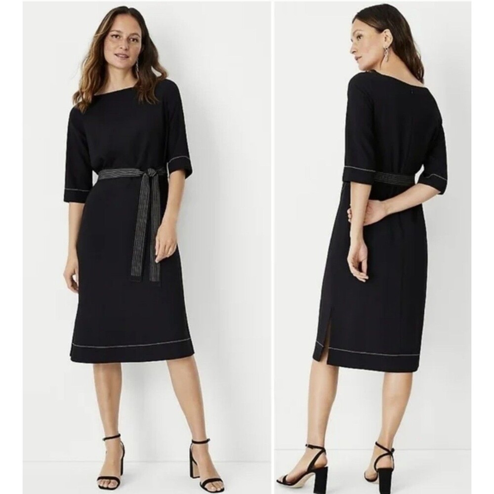 NWT Ann Taylor small  Black with Pinstriped Belted Midi Dress(belt is missing)